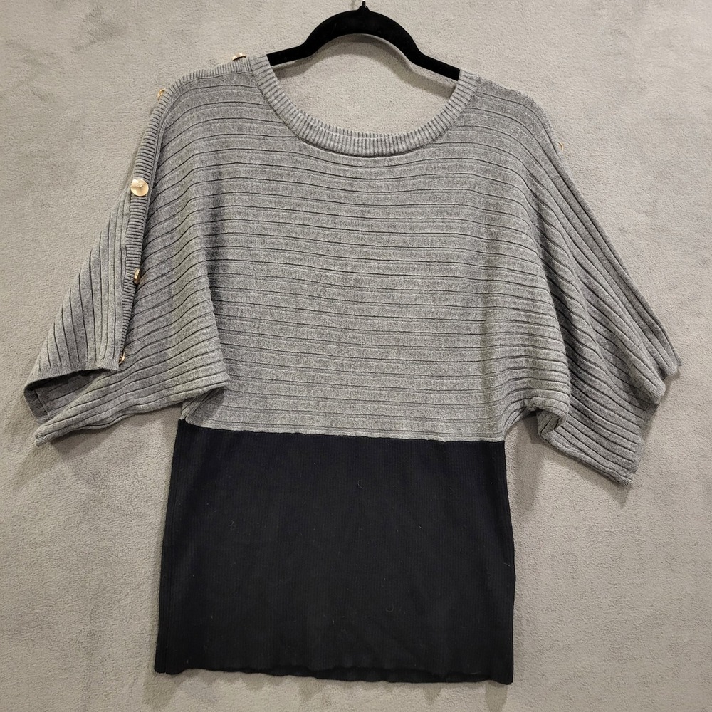 Joseph A Dolman  Sleeve Sweater Women Medium Top Gray Black Ribbed Button Detail